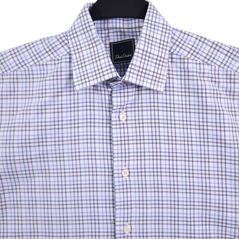 David Donahue Dress Shirt Mens 16 34/35 White Plaid Regular Fit Long Sleeve